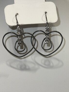 Gunmetal Heart Hoop Drop Earrings with Crystal Accents